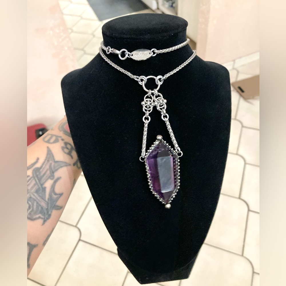 Natural big purple amethyst crystal gemstone boho goth maille steel necklace - Picture 6 of 16